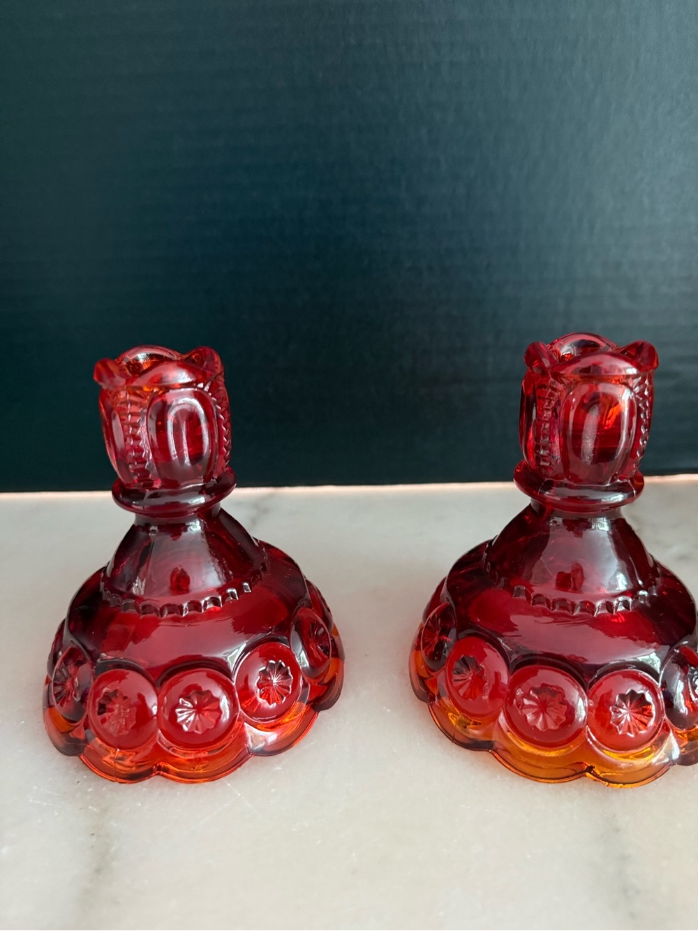 Vintage L. E. Smith Moon and Stars Candlestick Holders Amberina Qty - 2